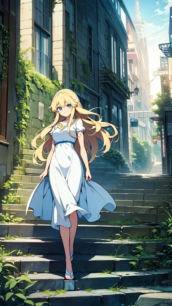 A Studio Ghibli style character,アニメ, long blonde hair, crystal blue eyes, delicate white dress,on a staircase in an abandoned city place