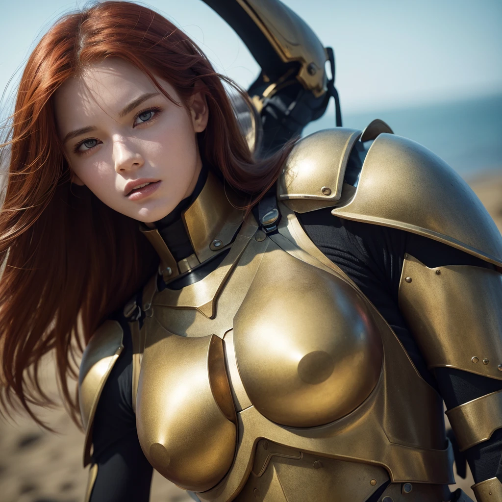 1 female, In the mouth, armor, Redhead, Combat pose, PhotoRealistic, HyperRealistic, Ultra-detailed, Analog Style, bent at the waist, Modest, Low Cut, Detailed skin, Matte skin, Soft lighting, Scattered beneath the surface, Realistic, Dark Shadows, masterpiece, Highest quality, ultra Realistic, 8k, Golden Ratio, Complex, Attention to detail, Film Photography, Soft Focus, Blurred Background