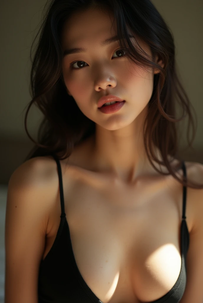 An Japanese woman in a black tank top, with the close-up focusing on the contours of her shoulders and breasts, showing the softness and delicate glow of her skin.