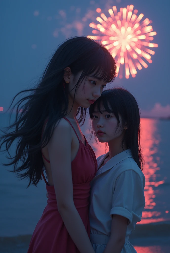 Japanese，Age 18，sister，Randomly generated people with diverse facial features and hairstyles，Perfect Anatomy,Ocean，Beach，firework，Night Sky，Launch firework， Ocean，Mature woman，Photoshoot