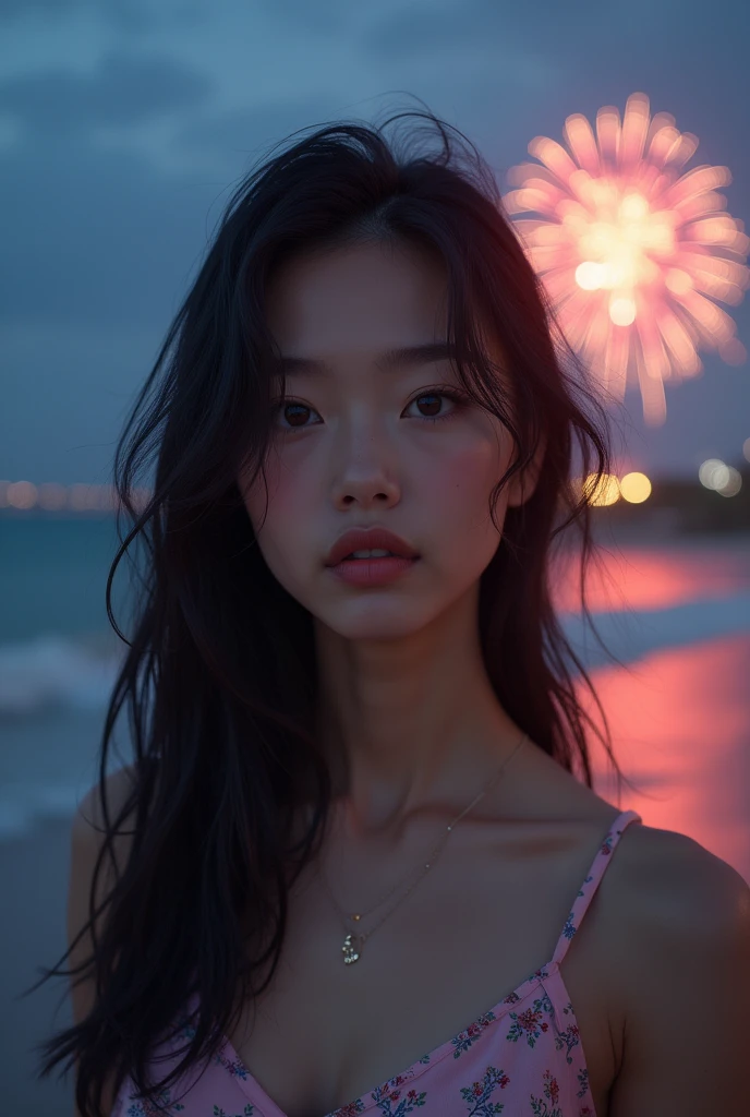 Japanese,Age 18,sister,Randomly generated people with diverse facial features and hairstyles,Perfect Anatomy,Ocean,Beach,firework,Night Sky,Launch firework, Ocean,Mature woman,Photoshoot
