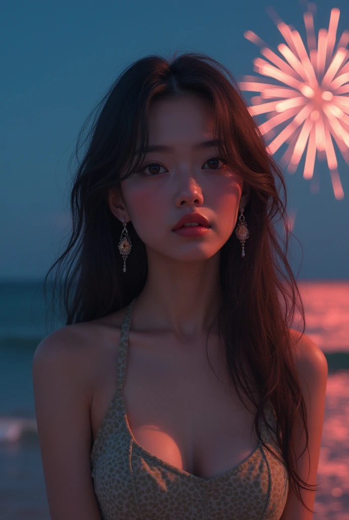 Japanese,Age 18,sister,Randomly generated people with diverse facial features and hairstyles,Perfect Anatomy,Ocean,Beach,firework,Night Sky,Launch firework, Ocean,Mature woman,Photoshoot