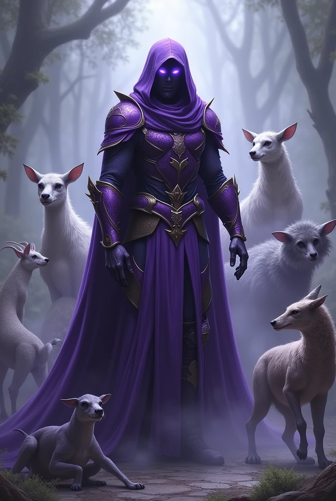 An RPG ranger who commands various mystical animals. Has a hood and shiny purple armor, not too heavy so as not to limit your movements.
The animals that accompany him are slender and formed from the shadows that come out of his long purple hood., they surround their master, giving it an air of nobility. This master points his hand forward. Your eyes shine, clashing with the surroundings. Every animal is different, mammal, reptiles, arachnid, the largest of which is the one that occupies the background of the scene. A mist gives an air of mystery to such a figure.