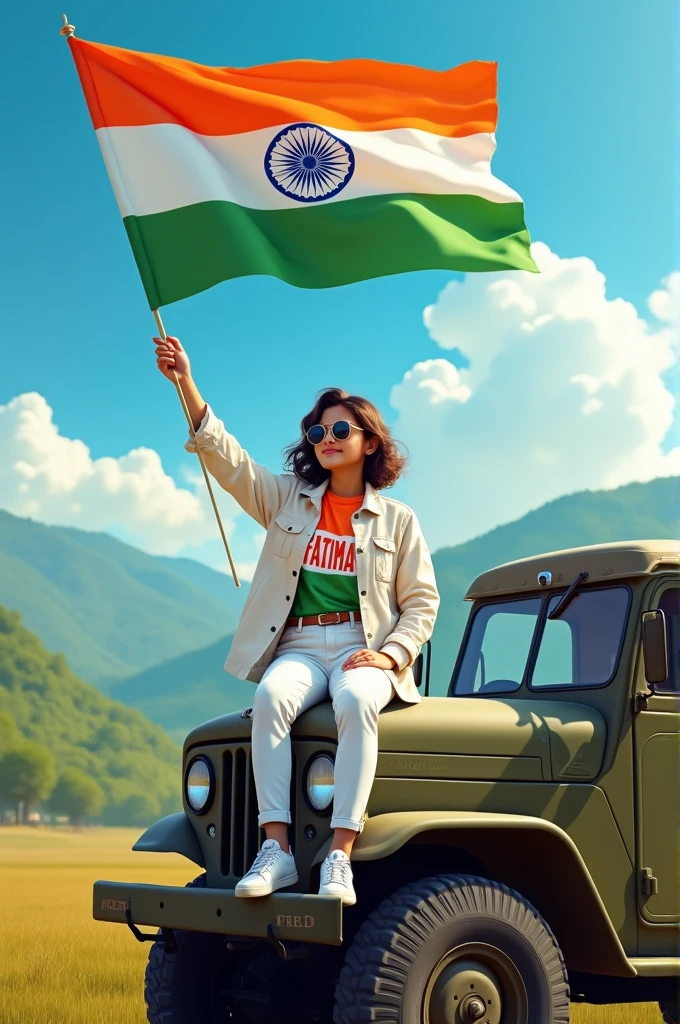 Create an Real image featuring a young girl 
sitting on the hood of army truck, with Indian's scenic background. He's holding a flag celebrating Indian 15th August. The girl wears a tirnga T-shirt with 'FATIMA printed on it, white jacket, white pants, white shoes and sunglasses."
