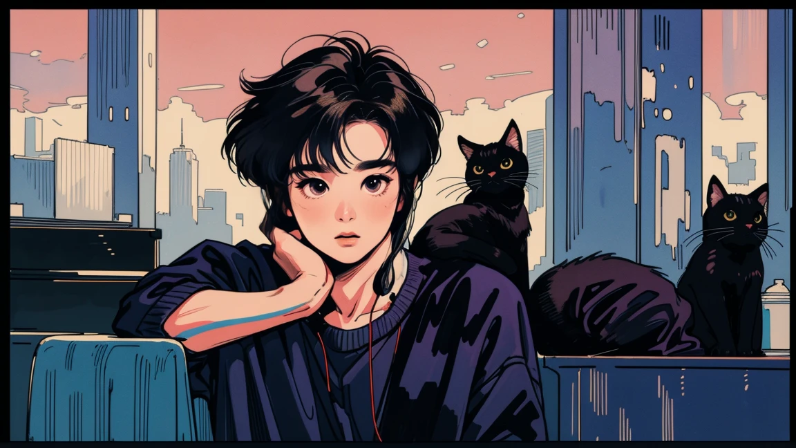 Highest quality, 8k, 1990s style,Hairstyles of the 2010s, 21 year old boy, Black Hair, Light brown eyes, City Pop, pants ,Night view, Wear headphones, whole body, Relax Coffee,table,making,look at me, Black cat