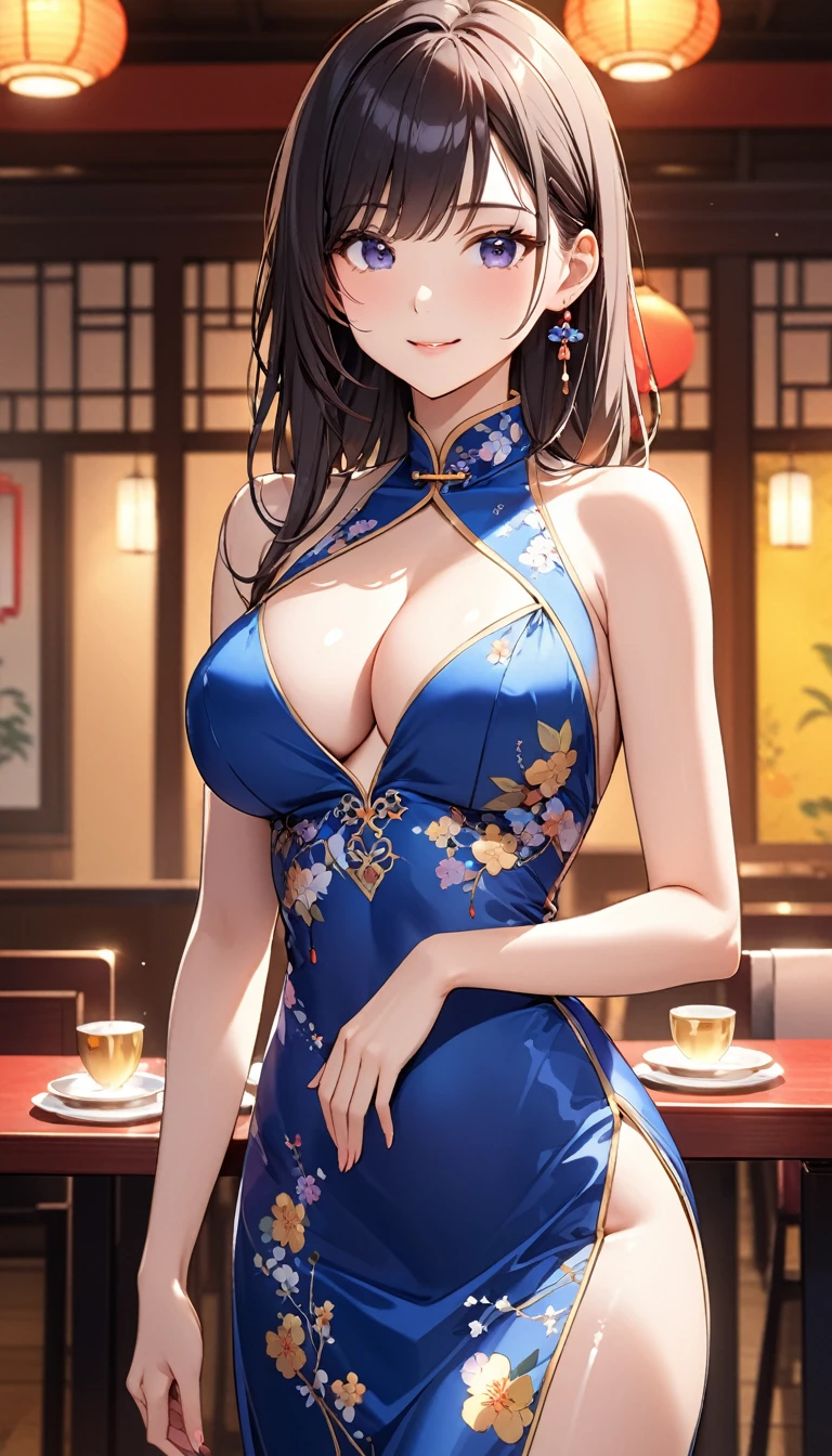 高いquality illustration, masterpiece, Very delicate and beautiful, Attractive girl,(Shiny grey Chinese dress),thin,Slender body,slim,Chinese restaurant background,Princess, Beautiful Eyes、smile、blush、(masterpiece, Highest quality:1.2), High res, Very detailed CG ユニティ 8k 壁紙, Perfect lighting, colorful, Ultra-high res,4K,Very detailed, photograph, 8k, High resolution, 、Female organ、Thick pubic hair、Thick pubic hair、Big Breasts、Cleavage、High Grade