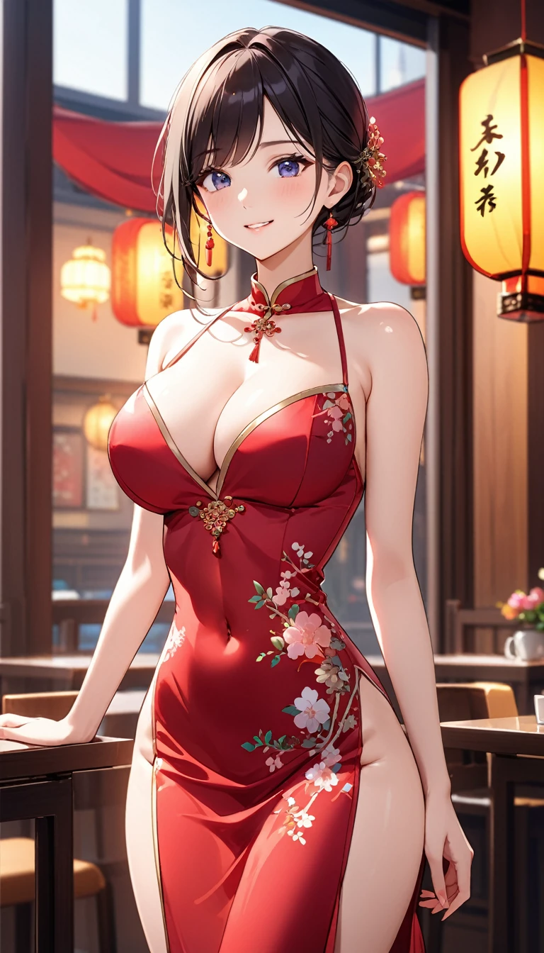 (perfect anatomy, anatomically correct, super detailed skin), 1 mature woman, solo, japanese, (detailed ultra-oily shiny skin:1.1), watching the view, (smile:1.5, happiness), 
((metallic red chinese costume, red lips), (embroidered cloth shoes), open chest wide, valley), 
beautiful hair, beautiful face, beautiful detailed eyes, red eyes, (long hair:1.5, twin tails :1.7), black hair, (large breasts:1.2), (cute face), (Ideal ratio body proportions), 
beautiful clavicle, beautiful body, beautiful chest, beautiful thigh, beautiful legs, breast, bare foot, bare arm, slender, small buttocks, skinny legs, 
(beautiful scenery), wedding background, candlelight night in the cave house, wedding scene, red lantern, festive atmosphere, (kneeling position), (point you by ass), 
(8k, top-quality, masterpiece​:1.2, extremely detailed), (photorealistic), beautiful art, visual art, depth of fields, cinematic lighting, surrealism, elaborate design,