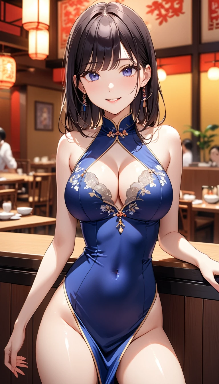 高いquality illustration, masterpiece, Very delicate and beautiful, Attractive girl,(Shiny grey Chinese dress),thin,Slender body,slim,Chinese restaurant background,Princess, Beautiful Eyes、smile、blush、(masterpiece, Highest quality:1.2), High res, Very detailed CG ユニティ 8k 壁紙, Perfect lighting, colorful, Ultra-high res,4K,Very detailed, photograph, 8k, High resolution, 、Female organ、Thick pubic hair、Thick pubic hair、Big Breasts、Cleavage、High Grade