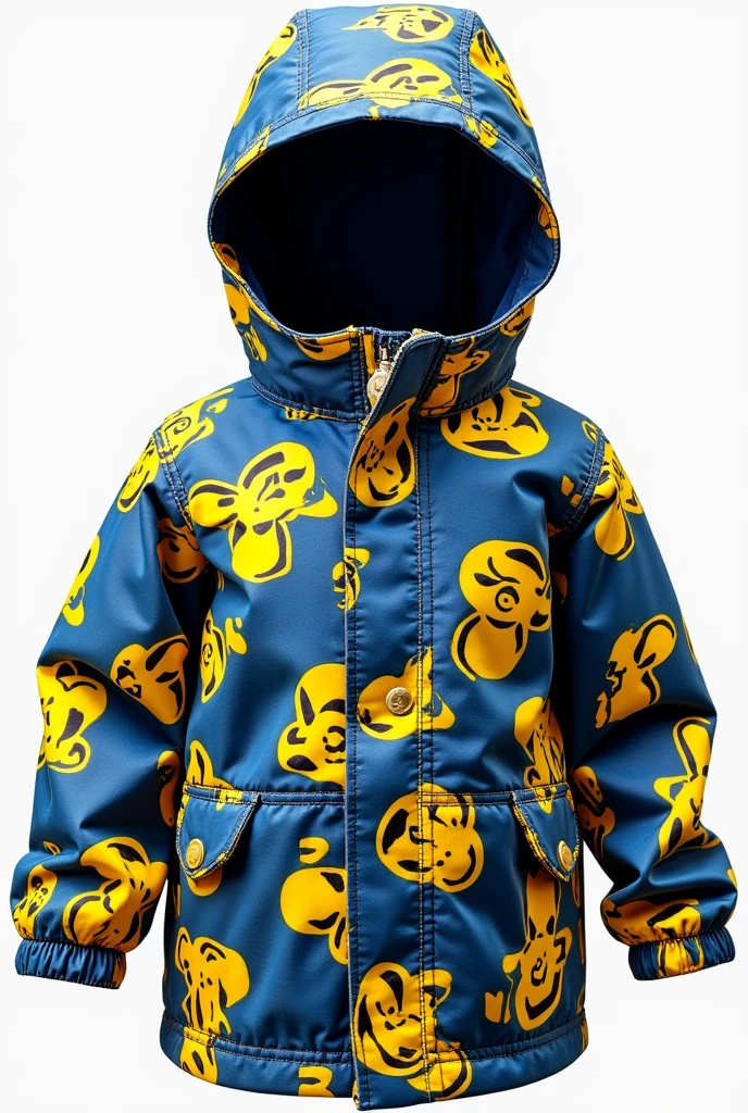Create a waterproof jacket for preschool children that has a design of figures or graffiti that is navy and yellow with a hood