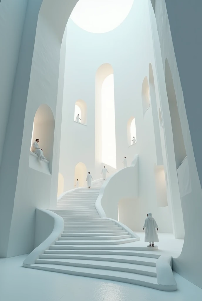 A celestial castle-like construction floats in a sea of extremely sumptuous white roofless light with windows that look like light clasps, a huge serpentine staircase on the outside of the palace that gives access to light-shaped windows, with all the steps equally white, people rising in the form of light, and others entering through the cracks as if they were passing through the wall of light and celestial bodies with faces