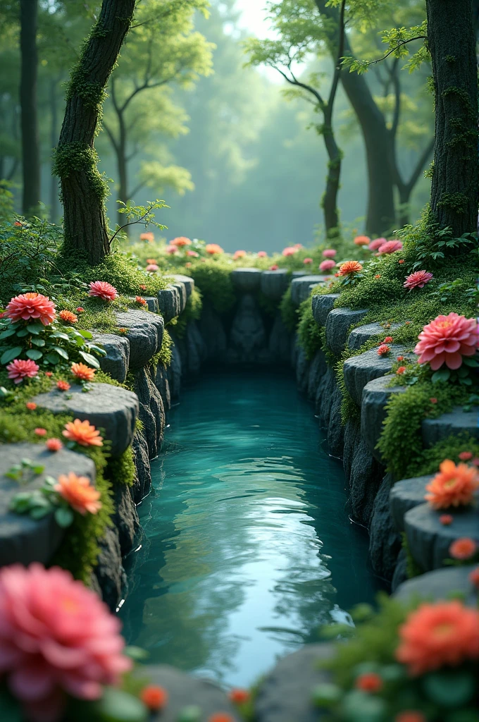 coffin sized hole filled with water and surrounded by trees and flowers