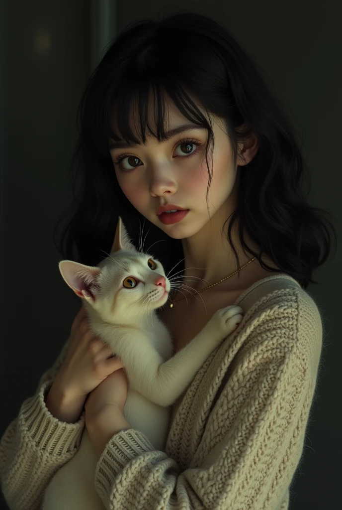 Same image but remove the white cat&#39;s brain and put two gray spots on its head and the girl with more chubby cheeks 