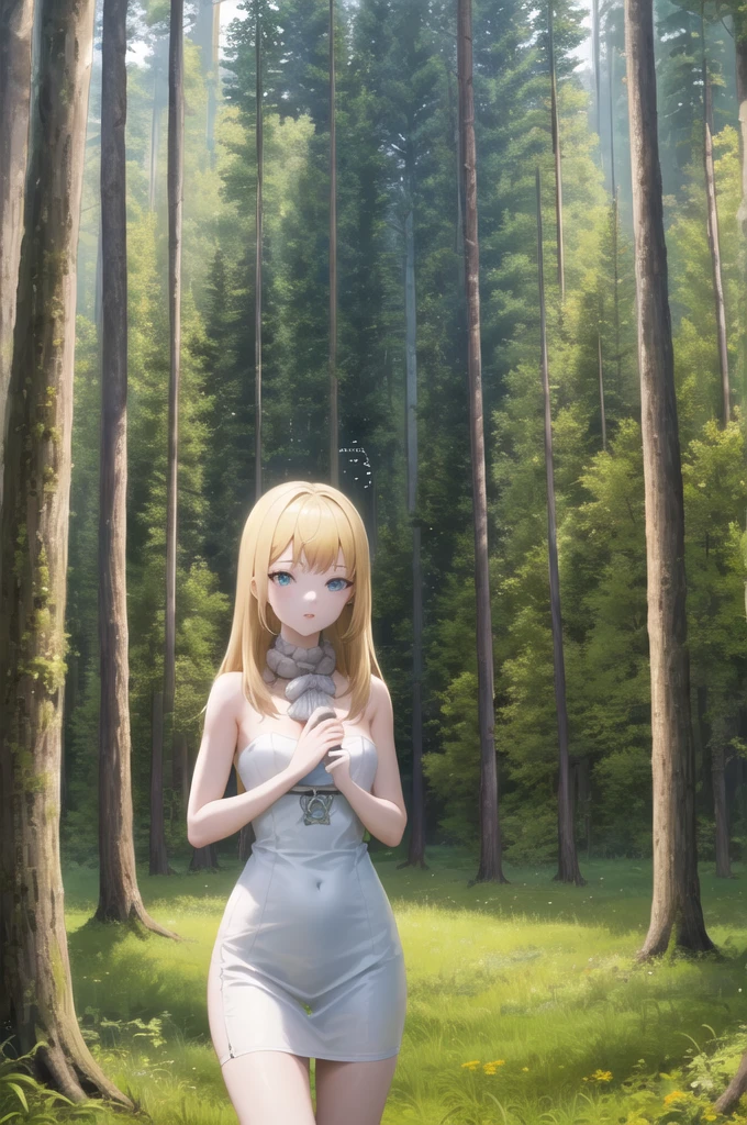 ((最high quality, high quality, masterpiece, High resolution)), It is, One girl, alone, Blue (Completely naked),Strapless, Exposing shoulders, Cowboy Shot, (forest:1.2), View your viewers, 