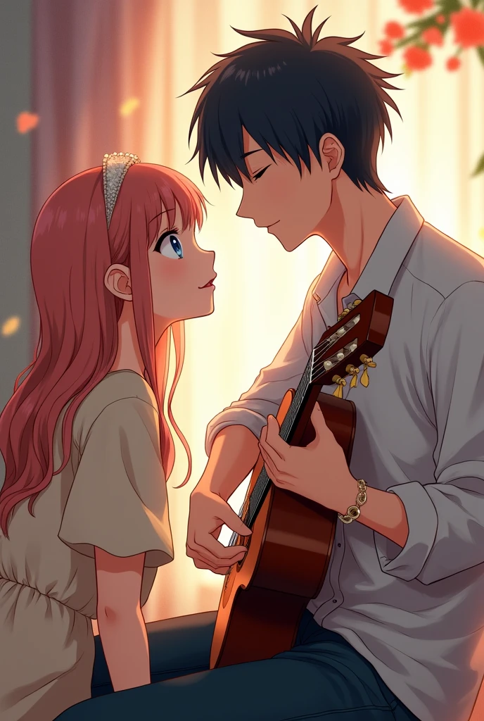 A pair of pictures of a girlfriend listening to her boyfriend sing and play, in an anime style