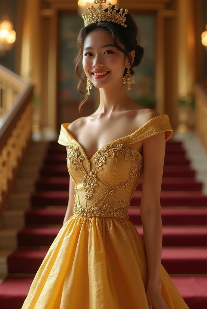 A radiant Japanese woman in her late 20s, wearing a luxurious gold dress, standing on a grand staircase in a palatial setting. The image must be realistic and live-action, capturing the elegance and confidence of a queen