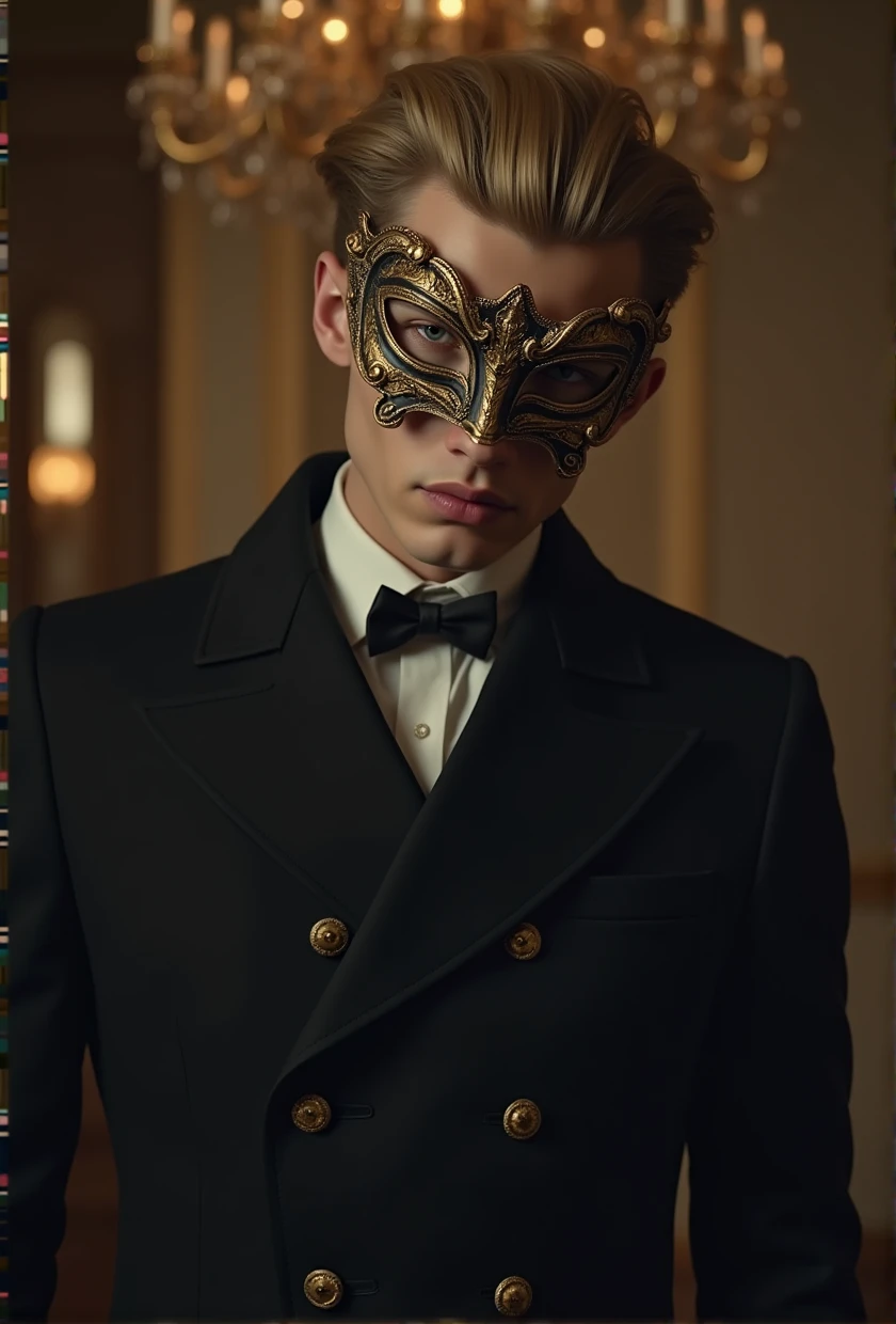 a man with a mask, golden details, blonde yellow and white hair, thin face, detailed face, sharp features, elegant, mysterious, dramatic lighting, cinematic, chiaroscuro, rich colors, ornate, majestic, intricate, ornamental, luxurious, regal, high quality, photorealistic, cinematic, dramatic, masterpiece