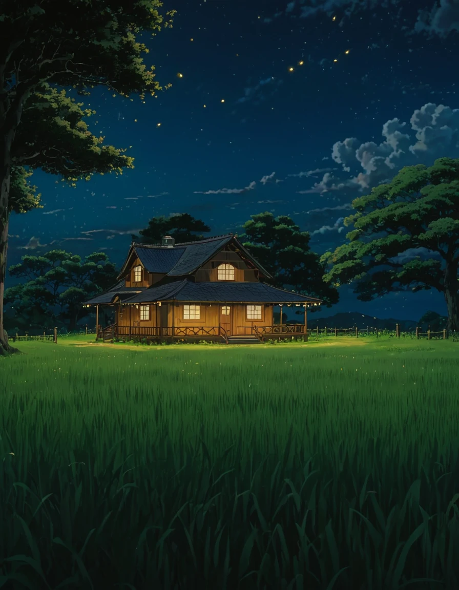 masterpiece!!!! 8k anime-realist!!!!! a country cabin stylo anime ghibli, you grass a golden night sky, ESTELO ANIME GHIBLI!!!!! The image shows a serene night scene of a house under a tree clouds lighting anime 8k fireflies grass golden night
