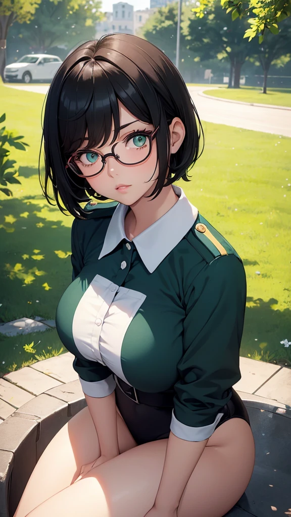 A girl with short black comor hair, with big green eyes and large round glasses, Small, round nose with full lips, tender features, a round and red cheek in addition to this you gain weight, This girl is sitting in a park wearing a blue and white uniform that highlights her breasts and large hips and thick thighs
