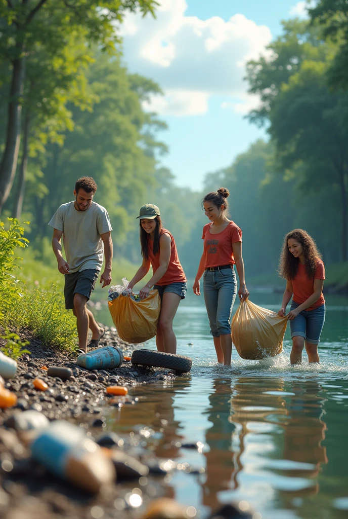 Collecting garbage in the river with many friends