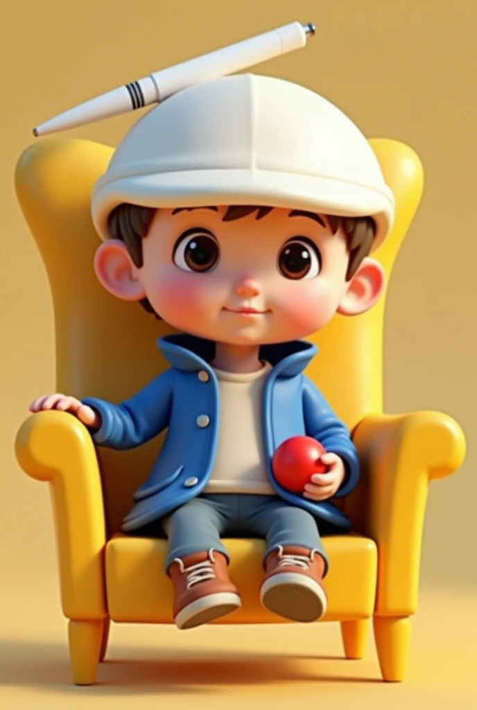 3D Cartoon boy + agitting on golden chair, right leg above left or white hat, blue coat, white pen on head 
The right hand holds a red ball

