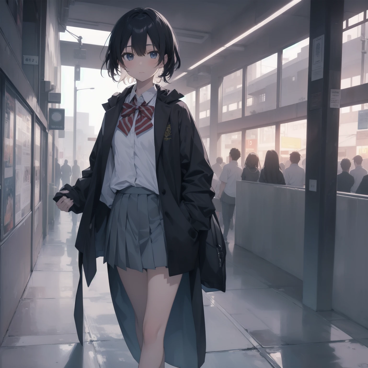 ultra-absurdres-Top quality by artist God, ultra-detailed, high resolution, anime moe artstyle, best anime 8k konachan wallpaper, pixiv contest winner, pool:2810, perfect anatomy,break, 1girl, (Please draw a girl walking sleepily to school alone. )break,(Solo,little female, 13-year-old:1.3),Full limbs, complete fingers,a junior high school student, (very short hair), short cut, flat chest, , small butt, small black eyes, beautiful detailed eyes, well-proportioned iris and pupils, expressive eyes, highres detailed hair, soft expression, salor school_uniform, sailor collar, serahuku, bow, pleated skirt,(Detailed Lighting), (Detailed background), in the School commute route. break,super detailed skin, Best cinematic lighting powered by famous artist, 8k,beauty illustration,photoshop_(medium),very aesthetic,break,((artist:yuureidoushi_(yuurei6214) )), artist:clamp ,artist:carnelian ,artist:kantoku ,