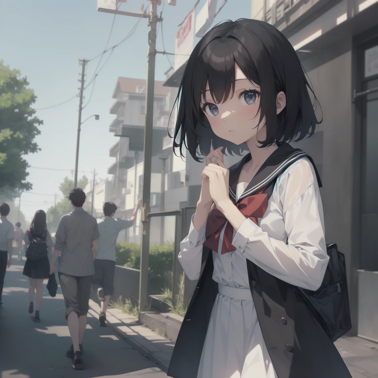 ultra-absurdres-Top quality by artist God, ultra-detailed, high resolution, anime moe artstyle, best anime 8k konachan wallpaper, pixiv contest winner, pool:2810, perfect anatomy,break, 1girl, (Please draw a girl walking sleepily to school alone. )break,(Solo,little female, 13-year-old:1.3),Full limbs, complete fingers,a junior high school student, (very short hair), short cut, flat chest, , small butt, small black eyes, beautiful detailed eyes, well-proportioned iris and pupils, expressive eyes, highres detailed hair, soft expression, salor school_uniform, sailor collar, serahuku, bow, pleated skirt,(Detailed Lighting), (Detailed background), in the School commute route. break,super detailed skin, Best cinematic lighting powered by famous artist, 8k,beauty illustration,photoshop_(medium),very aesthetic,break,((artist:yuureidoushi_(yuurei6214) )), artist:clamp ,artist:carnelian ,artist:kantoku ,