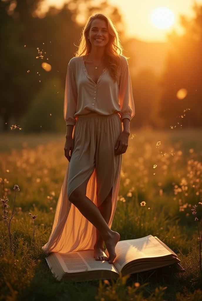 Create an inspiring image that conveys confidence and self-awareness. The image must include a woman standing, de corpo inteiro, smiling in a natural environment, como um fild ou Garden, ao nascer ou sunset. Her expression should convey confidence and serenity..
Elementos visuais:
5. main image:
• Full body woman, smiling and confident, 40 year old. Standing on a large open book.
• Natural environment (fild/Garden).
• Soft sunrise light/sunset.
6. Star of David:
• Discreetly positioned in a corner of the image or subtly incorporated into the background.
7. golden lights:
• Soft light elements radiating around the woman to create an effect of illumination and mysticism.
8. Numerological Diagram:
• A graph or diagram of numbers in a side area or discretely in the image, suggesting the deep and analytical content of the numerological chart.
Style Guidelines:
• Soft and comforting tones.
• Mystical and attractive touch.
• Mix natural light and graphic elements to create a harmonious look.