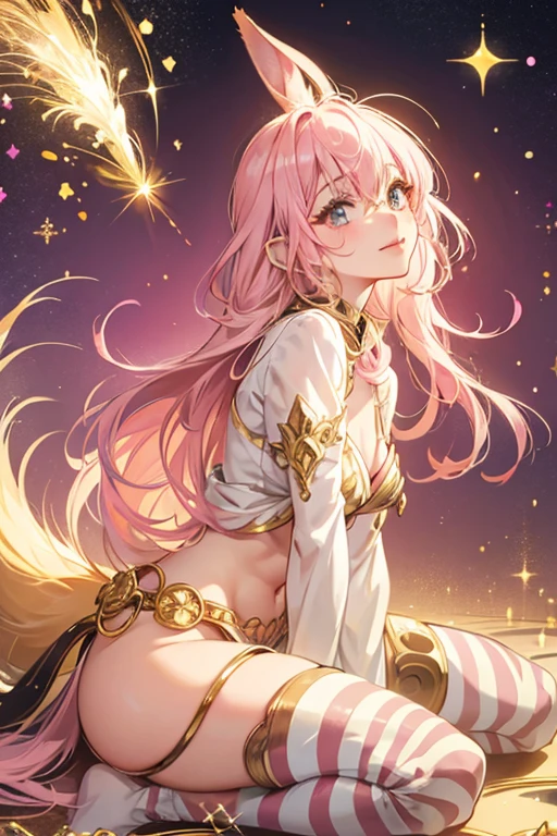 Zeni is a pink girl zebra with shiny golden raindrop-shaped spots, a white muzzle and , and golden ears, hooves, and tail. SPARKLE; GLITTER