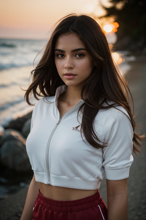 a beautiful girl with long brown hair, detailed eyes, thick eyebrows, fine nose, and rounded lips, wearing sportswear, walking near the sea, (Best Quality,4k,8k,High resolution,masterpiece:1.2),ultra detailed,(realist,photorealist,photo-realist:1.37),HdR,studio lighting,extremely detailed face and body., portrait,cinematic lighting,dramatic lighting,warm color tones,dramatic colors
