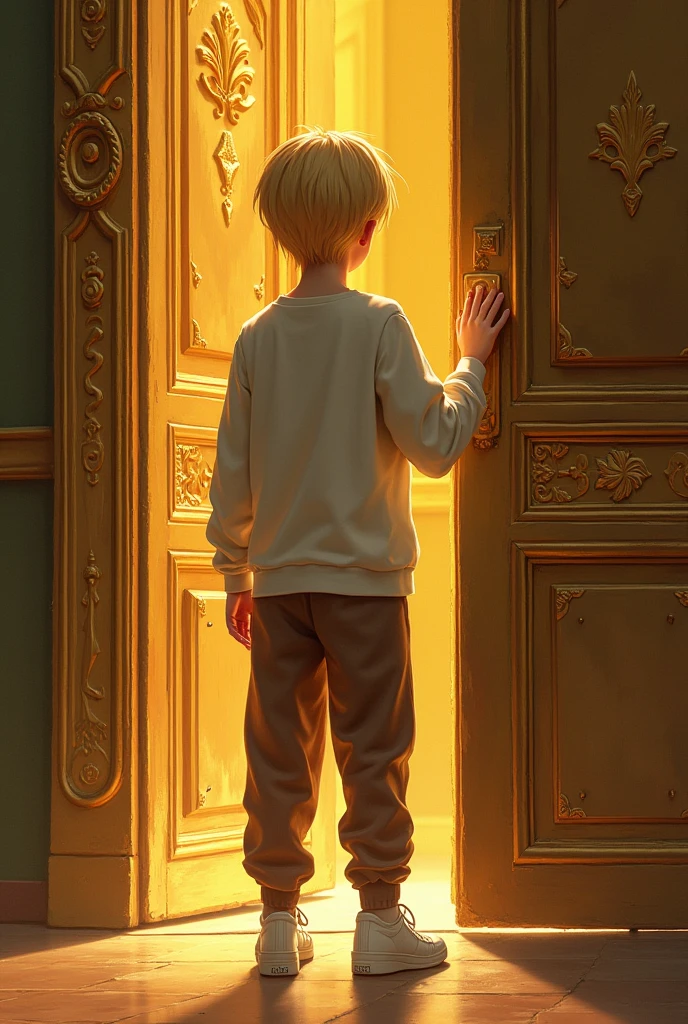 a 15 year old boy, hair blonde, medium doors. Wearing brown sweatpants, white sweatshirt and white sneakers. Holding the handle of a golden door 
