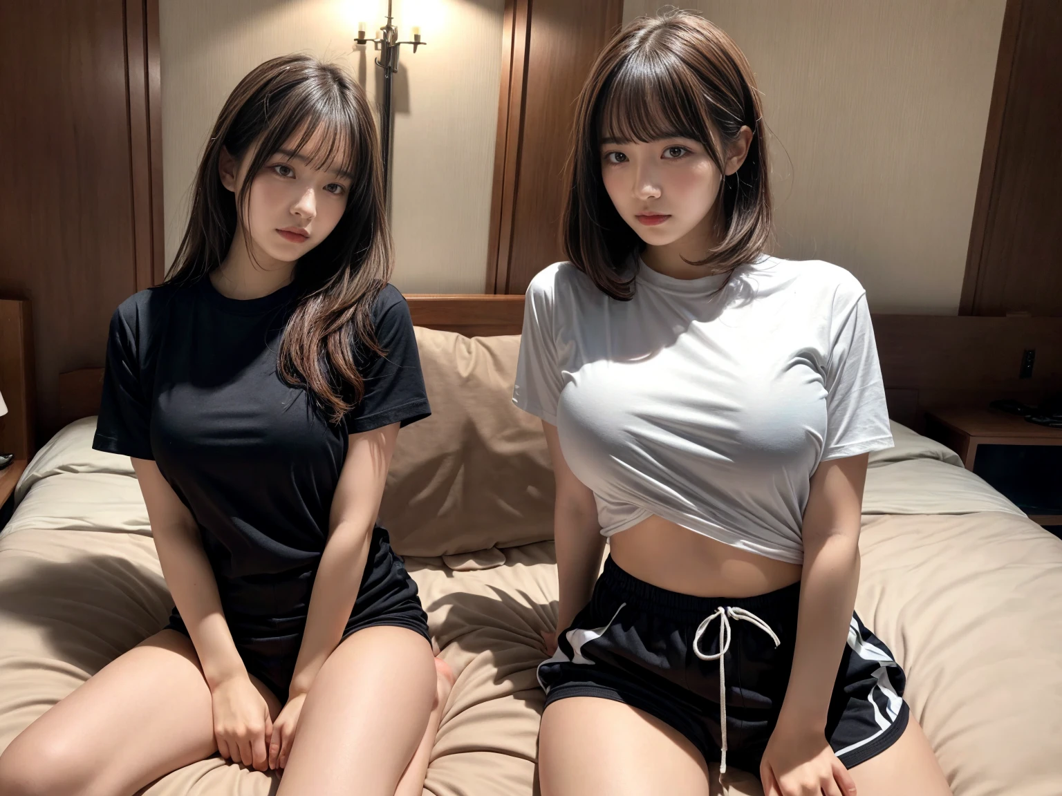 masterpiece, best quality, illustration, Super detailed, fine details, High resolution, 8K,wall paper, perfect dynamic composition,(Details High quality, realistic depiction of eyes:1.3), (2 girls), oversized sport shirt, shorts women, sitting, open legs, short bob hair, in a hotel room in the background, deep on field, large breasts, black hair color, Big Natural Color Lip, (perfect body shape), crying a little、Harajuku style、20 year old girl、cute type、beautiful legs, Gravure Idol
