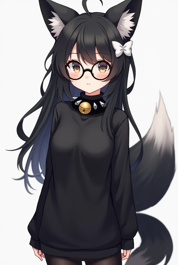 The female has black fox ears with white details on the inside and appears to have a black tail with a white tip.. He wears round-framed glasses and has hair with bangs that cover his forehead.. She also has a white hair accessory that looks like a white bow on the right side of her head.. Her outfit includes a black long-sleeved turtleneck sweater and black tights. , adorned with a Black Spiked Bell Collar on her neck big tits full body