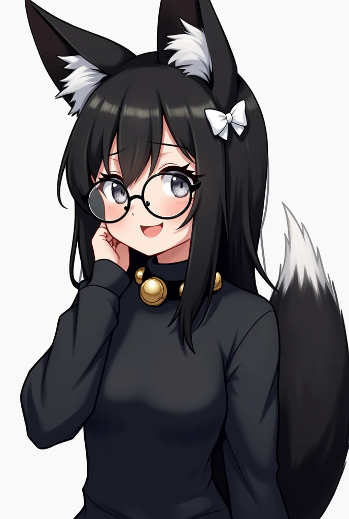 The female has black fox ears with white details on the inside and appears to have a black tail with a white tip.. He wears round-framed glasses and has hair with bangs that cover his forehead.. She also has a white hair accessory that looks like a white bow on the right side of her head.. Her outfit includes a black long-sleeved turtleneck sweater and black tights. , adorned with a Black Spiked Bell Collar on her neck big tits full body
