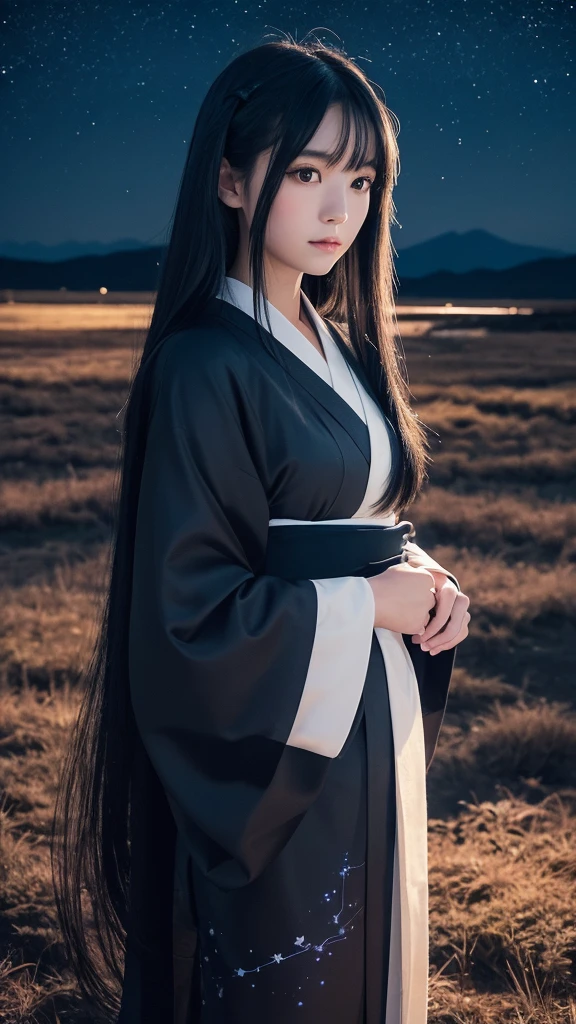 Delicate and dainty young woman with shiny long black hair . She is wearing japanese kimono. The background is a fantastic and ethereal night sky that seems to be haunted by a specter. 