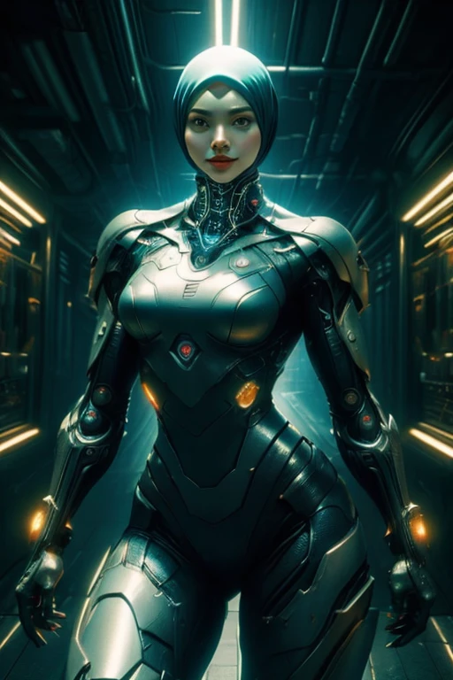 cyber punk malay Girl in hijab,(top-quality、8K、32K、​masterpiece)、(The ultra -The high-definition)、(Photorealsitic:1.4), dynamic pose, cowboy shot, cyberpunk fashion,depth of fields, cyberpunk city background, cinematic lighting.