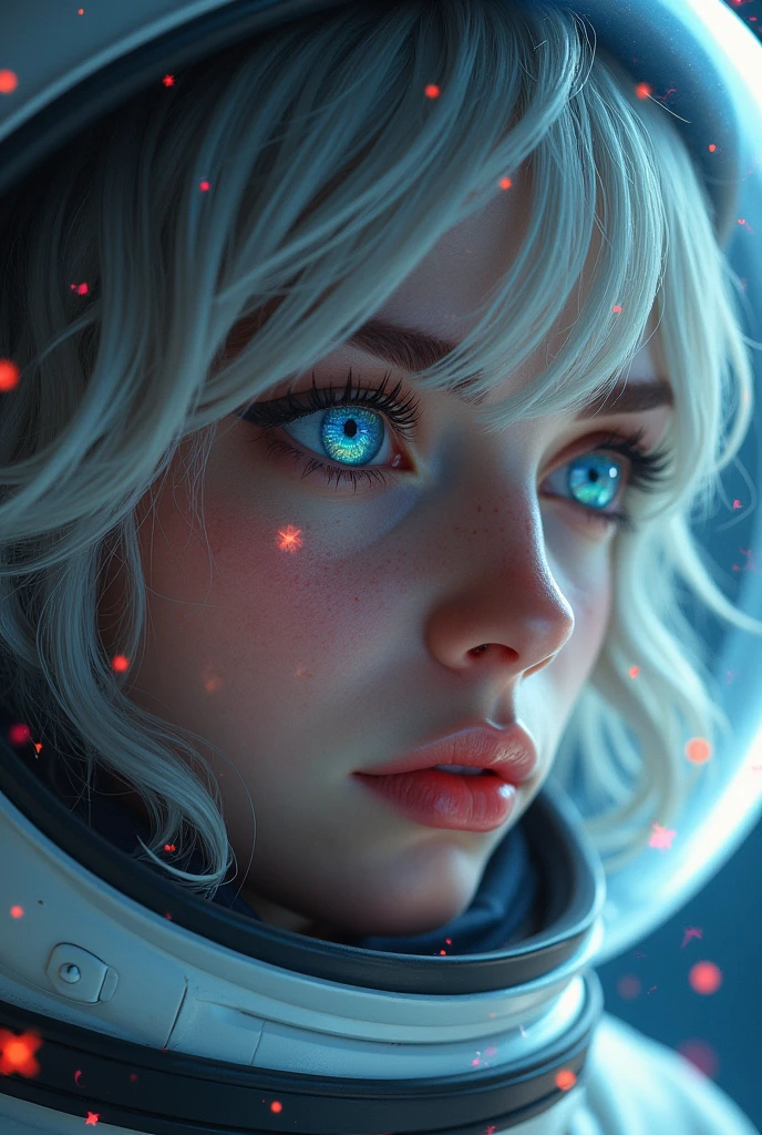 (Close-up of a better masterpiece:1.5)0.9], (Space and astronauts:1.2) (Messy silver hair:1.1) (Heterochromia xanthochromia and blue eyes:1.2) (Space Helmet:1.0) (Colored stars in the eyes:1.0) (A radiant glow:1.1) (thick lips:0.9)