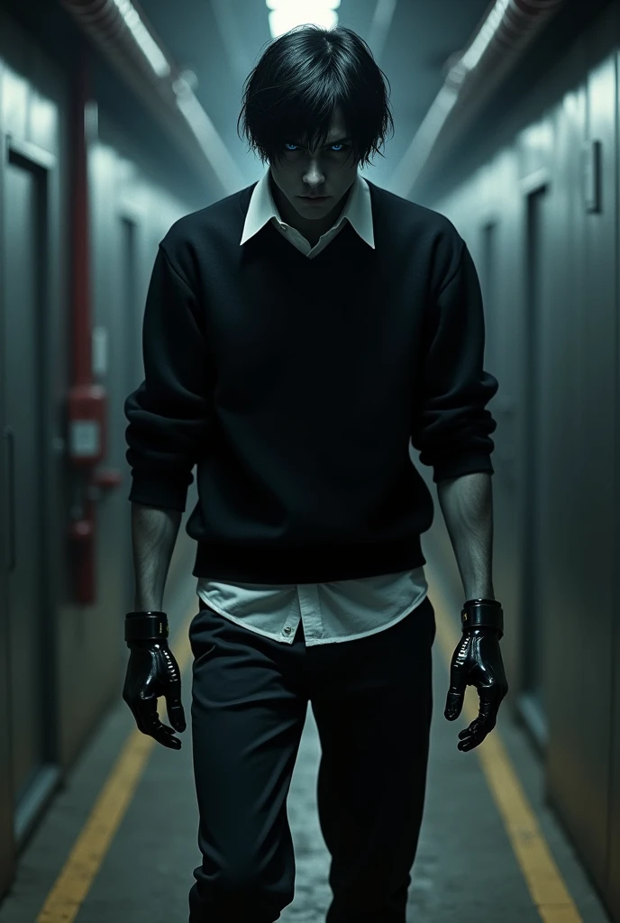 Murder drones, worker drone, blue eyes, black hair, Black sweater, white shirt, black pants, black and white boots,