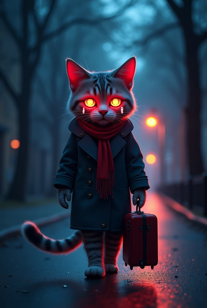 “Create an image of an anthropomorphic feline character, a cat crying, its tears falling from its eyes, sad, very sentimental, holding its suitcase, walking alone on the street, low light trees around it, the cat has a neon light effect.