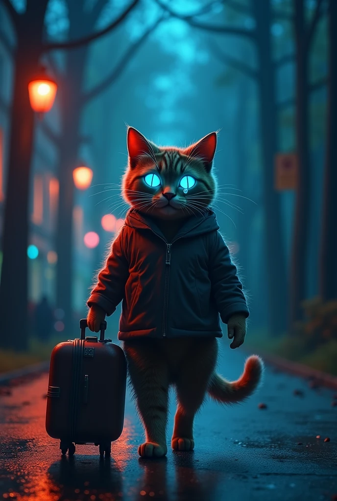 “Create an image of an anthropomorphic feline character, a cat crying, its tears falling from its eyes, sad, very sentimental, holding its suitcase, walking alone on the street, low light trees around it, the cat has a neon light effect.