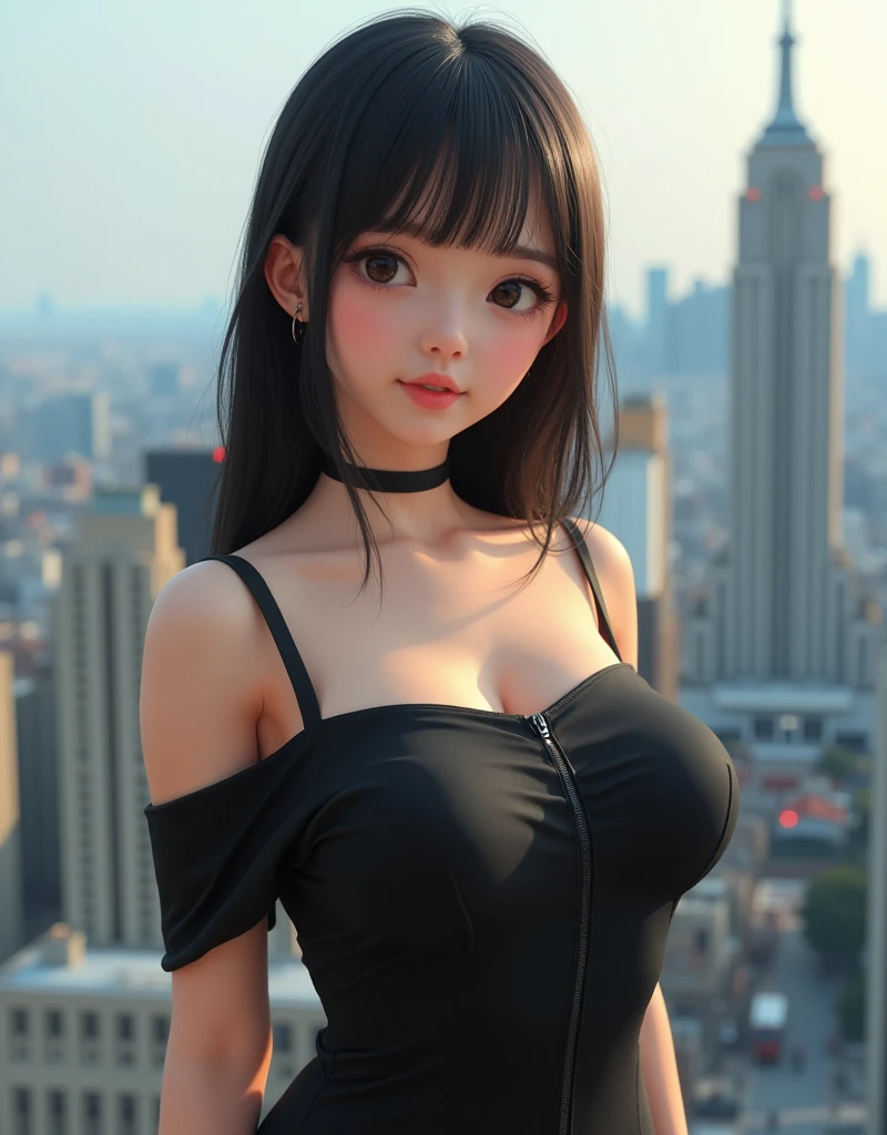 (8k, Top quality, Masterpiece:1.2), (Realistic, photo-realistic:1.37), Super detailed, perfect anatomy, cute, small eyes, 18 years old, a Japanese, girl, off-shoulder black dress, huge breast, bangs, cityscape,