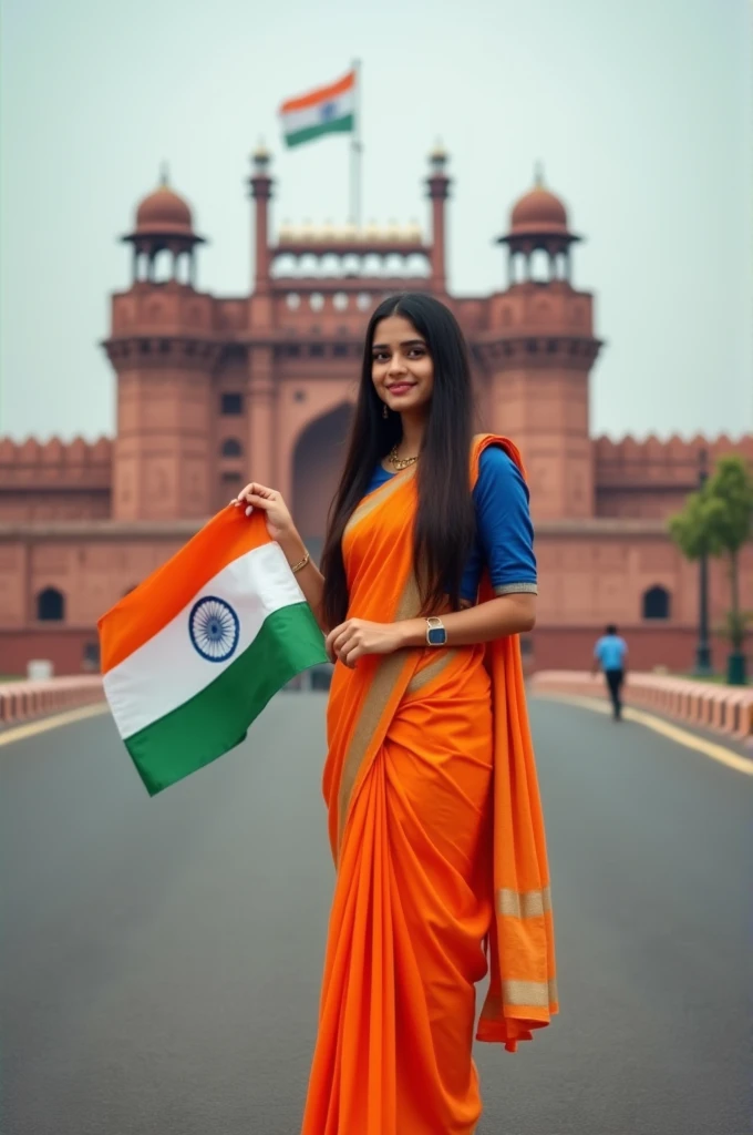 A real 21 years old girl long hair, wearing orange saree Blue blouse sandals
and the girl is standing on the road with holding a national flag of India and behind her is the Red Fort Delhi. And written on sky"Independence Day" create Realistic Images high quality.
