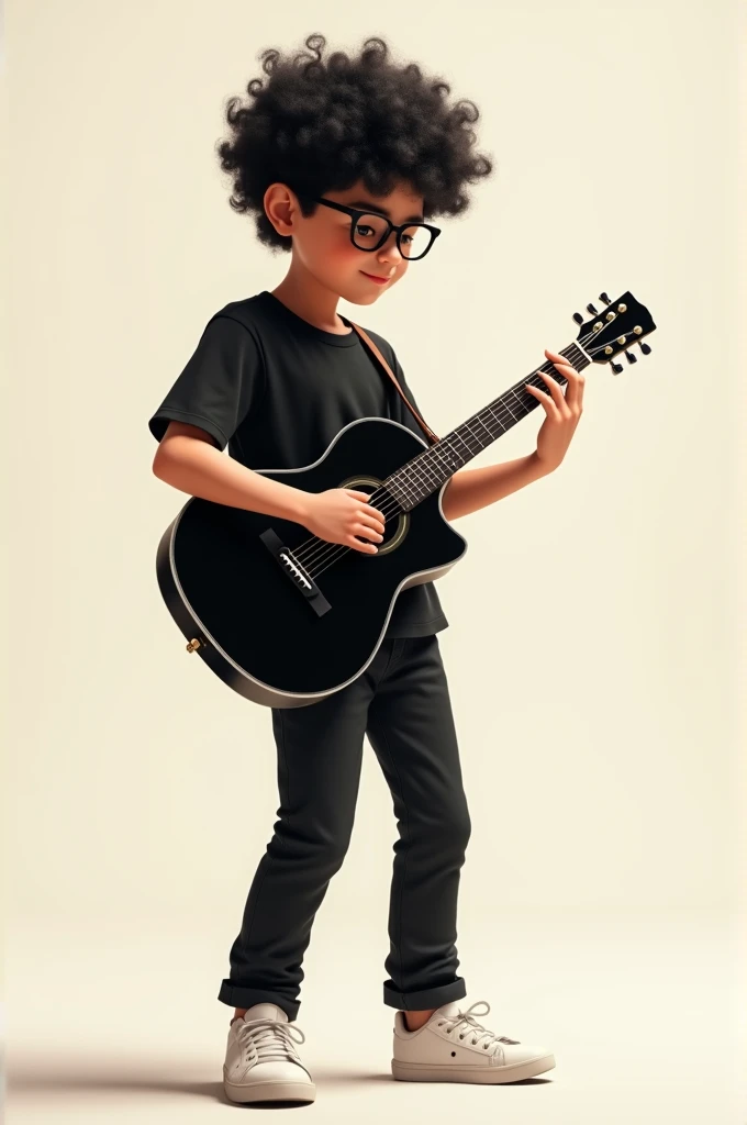 Create a boy with curly hair, wearing black glasses, wearing a black shirt, black pants and white sneakers, playing a black guitar.
