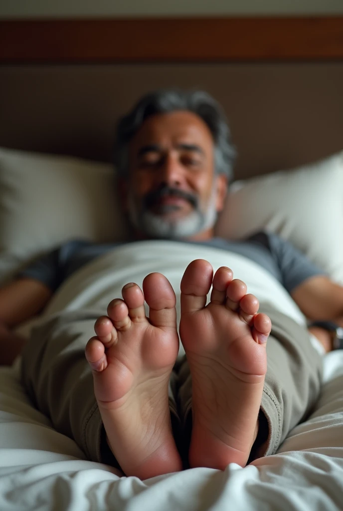 Create an image of a 55-year-old Latino man lying on a bed showing his feet 