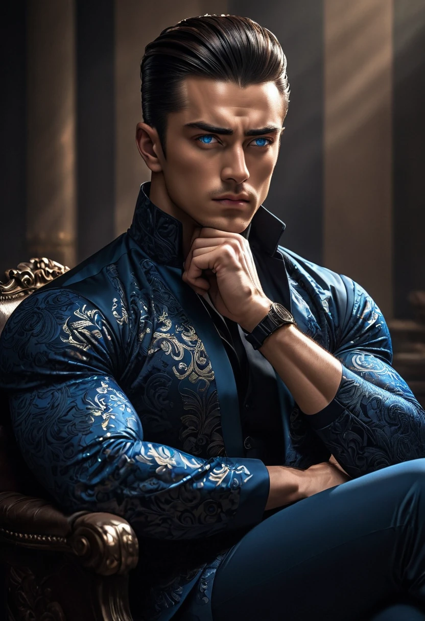 twin handsome men with dark hair, blue eyes, furrowed brow, slick back hair, gloved hands, sitting pose, large muscled, detailed portrait, realistic, intricate details, elegant, stylish, moody lighting, cinematic, dramatic