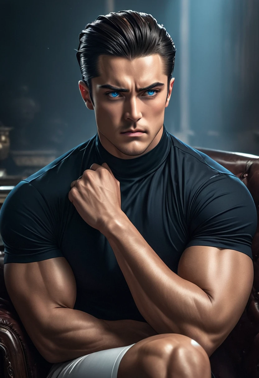 twin handsome men with dark hair, blue eyes, furrowed brow, slick back hair, gloved hands, sitting pose, large muscled, detailed portrait, realistic, intricate details, elegant, stylish, moody lighting, cinematic, dramatic