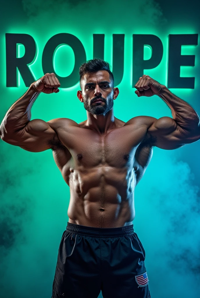 A photo with a thumbnail of a fighter doing double bicep curls and in the middle written in large letters "Roupe" and with the green and blue background 