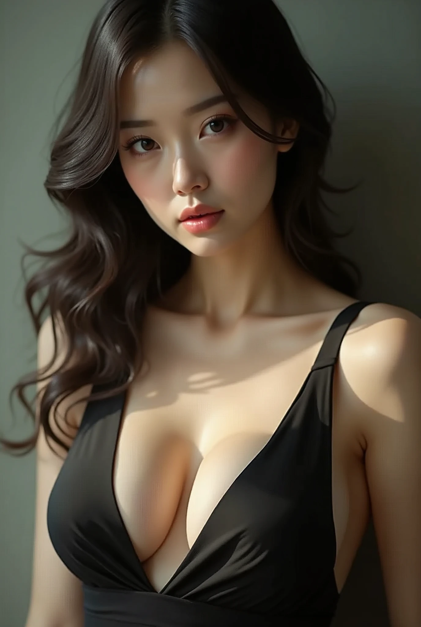 A Japanese woman in a classic deep V-neck dress, the close-up focusing on the perfect contours of her breasts, displaying her sensual and elegant posture.