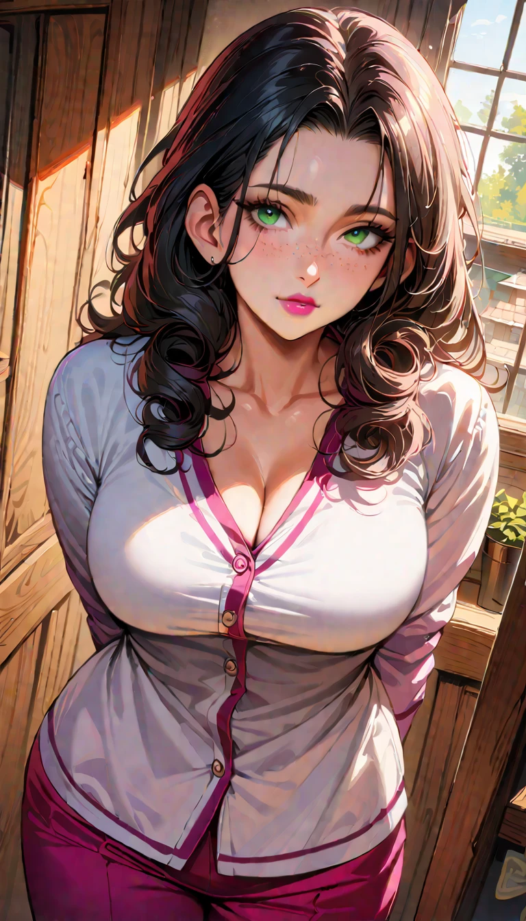 (high quality, 8k, 4K, high contrast, artwork:1.2, high quality, best aesthetics), (centered), ((1 woman)), erotic, sensual, mature body, grown woman, super detailed, beautiful face detailed, beautiful eyes detailed, detailed beautiful mouth, perfect big breasts, (long curly black hair), (green eyes), (freckles), (pink eyeliner), (pink eyeshadow), (pink lipstick), (relaxed expression), (facing the camera), (penetrating gaze), (standing), (straight body posture), (hands behind the back), (angle from the front of the woman), (front view), (casual home clothes), (inside a house)
