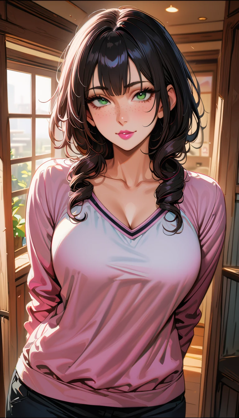 (high quality, 8k, 4K, high contrast, artwork:1.2, high quality, best aesthetics), (centered), ((1 woman)), erotic, sensual, mature body, grown woman, super detailed, beautiful face detailed, beautiful eyes detailed, detailed beautiful mouth, perfect big breasts, (long curly black hair), (green eyes), (freckles), (pink eyeliner), (pink eyeshadow), (pink lipstick), (relaxed expression), (facing the camera), (penetrating gaze), (standing), (straight body posture), (hands behind the back), (angle from the front of the woman), (front view), (casual home clothes), (inside a house)