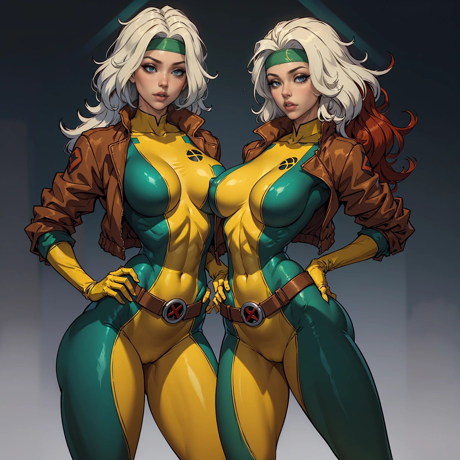 Masterpiece, hd, 8k, ultra detailed, photorealistic !(Rogue is a mutant superhero who has the power to absorb the memories, powers, and characteristics of anyone she touches. Her appearance and wardrobe have varied over the years, but some elements are constant. Rogue has brown hair with a white streak in the front, which is the result of permanently absorbing Ms. Marvel's powers¹. Her eyes are green and she usually wears discreet makeup. His most characteristic wardrobe is a green and yellow bodysuit with a brown leather jacket over it. The suit has a belt with an X and high boots. Rogue also wears gloves to prevent accidental contact with other people. Sometimes Rogue accessorizes her outfit with a scarf, cap, or sunglasses. Rogue has an athletic figure and average height. Their expression is usually confident and defiant, but can also show vulnerability and tenderness. Rogue is a southern belle who has become a leader of the X-Men)